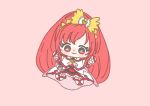  1girl absurdly_long_hair boots bow brooch chibi closed_mouth cure_ace dokidoki!_precure dot_nose dress eyelashes frilled_dress frilled_wrist_cuffs frills hair_bow hair_ornament hairband happy heart heart_brooch heart_hair_ornament high_ponytail ichigo_usuhana jewelry knee_boots layered_dress light_blush long_dress long_hair madoka_aguri magical_girl neckerchief outstretched_arms pink_neckerchief ponytail precure red_background red_dress red_eyes red_hair red_theme red_wrist_cuffs short_sleeves sidelocks simple_background smile solo tareme very_long_hair waist_bag wavy_hair white_bag white_boots white_dress wrist_cuffs yellow_bow yellow_hairband 