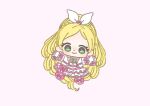  1girl absurdly_long_hair blonde_hair boots bow bowtie braid brooch chibi closed_mouth crown_braid cure_rhythm dot_nose dress dress_bow earrings eyelashes footwear_bow frilled_arm_warmers frilled_dress frilled_sleeves frills green_eyes hair_bow hair_ornament happy heart heart_brooch heart_earrings heart_hair_ornament heart_print ichigo_usuhana jewelry light_blush long_hair looking_at_viewer magical_girl medium_dress minamino_kanade outstretched_arms pink_bow precure puffy_short_sleeves puffy_sleeves ribbon short_sleeves simple_background smile solo suite_precure tareme thigh_boots very_long_hair white_arm_warmers white_background white_boots white_bow white_bowtie white_dress white_theme wrist_bow 