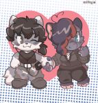 2025 agouti anthro barefoot belt bottomwear camo camo_bottomwear camo_clothing camo_pants camo_print claws clothed clothed_anthro clothing cute_fangs dotted_background duo electronics fangs feet finger_claws footwear front_view full-length_portrait fully_clothed fully_clothed_anthro fur grey_body grey_ears grey_eyes grey_fur hair hair_over_eye hand_holding headphones heart_symbol hi_res highlights_(coloring) mammal milkypuff mouth_closed multicolored_body multicolored_fur one_eye_closed one_eye_obstructed pants pattern_background pattern_bottomwear pattern_clothing pattern_pants pink_inner_ear portable_music_player portrait pyxel_(sweetpyxel) red_highlights red_rumped_agouti rodent romantic shoes simple_background sleeveless_shirt smile standing sweater tail teal_eyes teeth topwear