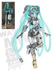  1girl aqua_eyes aqua_hair breasts commentary english_commentary full_body hatsune_miku highres hose industrial_pipe joints long_hair lordyanyu mechanical_hair mechanization photo-referenced photo_inset reference_inset robot robot_girl robot_joints smile solo twintails twitter_username very_long_hair vocaloid white_background 