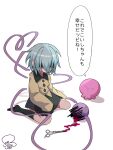  1girl 1other black_shoes blood commentary_request full_body green_hair green_skirt heart heart_of_string highres komeiji_koishi no_headwear octopus scissors shaded_face shirt shoes short_hair signature simple_background sitting skirt soesoe300 speech_bubble takopii takopii_no_genzai third_eye touhou translation_request wariza white_background yellow_shirt 