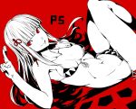  1girl armpits bikini black_bikini breasts breasts_apart front-tie_bikini_top front-tie_top highres hime_cut holding_shogi_piece lying medium_breasts navel persona persona_5 red_eyes shogi_piece side-tie_bikini_bottom solo stomach swimsuit tagaya6592 thighs tougou_hifumi triangle_print white_bikini 