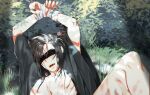  2boys alternate_hairstyle arms_up bare_pectorals bdsm bite_mark black_hair black_hanfu blindfold bondage bound bound_wrists chinese_clothes covered_eyes day grass hair_down hanfu highres holding_another&#039;s_thighs implied_sex implied_yaoi jujeop korean_commentary leaf leg_grab leg_up long_hair lying male_focus modao_zushi multiple_boys nature nipples on_back on_grass open_clothes open_mouth open_robe out_of_frame outdoors pectorals plant robe saliva solo_focus spread_legs sweat wei_wuxian wet wet_face wide_sleeves 