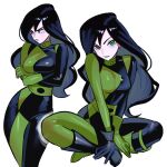 1girl absurdres arms_under_breasts asymmetrical_gloves black_bodysuit black_hair black_lips bodysuit breasts closed_mouth crossed_ankles crossed_arms green_bodysuit green_eyes highres kim_possible_(series) long_hair medium_breasts mismatched_gloves multiple_views shego simple_background sitting skin_tight solo two-tone_bodysuit very_long_hair white_background zeon_(zzeeonn) 