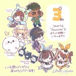  2boys 4girls :3 anniversary back_bow black_overalls blonde_hair blue_dress blue_eyes blue_hair blue_hairband blue_pants blue_shirt blue_shoes blush bow bow_hairband brown_eyes brown_hair brown_pants bug butterfly chibi chibi_only commentary_request creature dark-skinned_male dark_skin dress english_text green_hat green_shirt hairband hat hat_bow headphones heart highres jacket logo multicolored_hair multiple_boys multiple_girls necktie official_art orange_hair orange_hairband orange_shoes outline overalls pants profile purenista purple_jacket red_necktie shirt shoes sleeves_past_fingers sleeves_past_wrists streaked_hair sunglasses tinted_eyewear translation_request white_bow white_outline white_shirt yellow_background yellow_eyes yellow_hat 