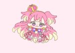  1girl :3 absurdly_long_hair blonde_hair boots bow bow_earrings bowtie brooch capelet chibi closed_mouth colored_tips commentary crown cure_wonderful dot_nose dress dress_bow earrings eyelashes frilled_sleeves frilled_wrist_cuffs frills hairband hat_ornament heart heart_brooch heart_hat_ornament ichigo_usuhana inukai_komugi jewelry knee_boots light_blush long_hair loose_hair_strand magical_girl mini_crown miniskirt multicolored_hair pantyhose pink_background pink_boots pink_brooch pink_capelet pink_crown pink_dress pink_theme pink_wrist_cuffs precure puffy_short_sleeves puffy_sleeves purple_bow purple_bowtie purple_eyes purple_pantyhose short_dress short_sleeves simple_background single_stripe skirt skirt_under_dress smile solo streaked_hair striped_bow striped_bowtie striped_clothes striped_pantyhose tareme two-tone_hair two-tone_pantyhose two_side_up very_long_hair white_bow white_skirt white_sleeves wonderful_precure! wrist_cuffs yellow_bow yellow_hairband yellow_pantyhose 