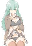  1girl akara_kai aqua_hair black_bra black_panties blazer blush bow bowtie bra breasts brown_cardigan brown_jacket brown_skirt brown_thighhighs cardigan hair_ornament hairclip highres jacket kantai_collection large_breasts lifting_own_clothes long_hair looking_at_viewer open_clothes open_shirt orange_bow orange_bowtie panties pleated_skirt school_uniform shirt sitting skirt solo suzuya_(kancolle) suzuya_kai_ni_(kancolle) sweatdrop thighhighs underwear white_background white_shirt 