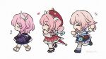  &gt;_&lt; 3girls aqua_hair blue_skirt camera chibi chibi_only clothes_around_waist clunch coat commentary cyrene_(honkai:_star_rail) dress drill_hair hair_ornament hat heart honkai:_star_rail honkai_(series) hyacine_(honkai:_star_rail) march_7th_(honkai:_star_rail) march_7th_(preservation)_(honkai:_star_rail) medium_hair multicolored_hair multiple_girls musical_note purple_coat red_dress red_hat simple_background skirt smile sweater sweater_around_waist twin_drills twintails two-tone_hair white_background 