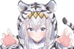  1girl animal_costume animal_print bangs blue_eyes blush claw_pose closed_mouth commentary_request dot_nose fang grey_hair ha_(hura76752775) highres hood hood_up long_hair looking_at_viewer oguri_cap_(umamusume) shirt simple_background smile solo tiger_costume tiger_print umamusume upper_body v-shaped_eyebrows white_background white_shirt 