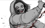  1boy black_hair blood blood_splatter constricted_pupils creepypasta evil_grin evil_smile floating_blood grin holding holding_knife hood hood_up hoodie icekana incoming_attack jeff_the_killer knife male_focus motion_blur pov red_eyes short_hair simple_background smile solo white_background white_hoodie 