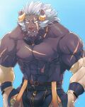  1boy bara black_male_swimwear camouflage camouflage_pants cowboy_shot crotchless crotchless_pants curled_horns face furry furry_male goggles goggles_around_neck grey_fur highres horns jinnai10 krampus_(housamo) large_pectorals long_sideburns looking_at_viewer male_focus male_swimwear medium_hair muscular muscular_male pants pectorals scar scar_across_eye scar_on_chest sideburns solo stomach swim_briefs thick_eyebrows tokyo_afterschool_summoners tusks zipper 