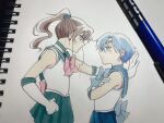  aribezi back_bow bishoujo_senshi_sailor_moon blue_choker blue_eyes blue_hair blue_sailor_collar blue_skirt bow brown_hair choker circlet crossed_arms earrings elbow_gloves gloves green_choker green_eyes green_sailor_collar green_skirt hair_bobbles hair_ornament highres jewelry kino_makoto long_hair magical_girl mizuno_ami pink_bow ponytail sailor_collar sailor_jupiter sailor_mercury sailor_senshi_uniform short_hair skirt traditional_media white_gloves 