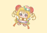  1girl :3 ankle_bow apron aqua_bow back_bow blonde_hair bow bow_apron bowtie brooch bun_cover chibi closed_mouth cure_yum-yum delicious_party_precure dot_nose double_bun drill_hair eyelashes food-themed_hat frilled_footwear frilled_headwear frilled_skirt frills gloves green_bow hair_bun hanamichi_ran hat hat_bow heart heart_brooch ichigo_usuhana jewelry large_bow light_blush long_hair magical_girl mini_hat miniskirt orange_bow orange_brooch orange_shirt orange_shoes orange_skirt outstretched_arms pink_bow pom_pom_hat_ornament precure purple_bow red_bow red_eyes shirt shoes short_sleeves simple_background single_stripe skirt smile solo striped_bow striped_bowtie striped_clothes tareme twin_drills two-tone_bow waist_apron watch white_apron white_gloves wristwatch yellow_background yellow_bow yellow_bowtie 