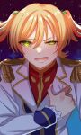 +_+ 1girl blonde_hair blue_background commentary_request daiba_nana epaulettes fingernails gradient_background green_eyes green_ribbon hair_between_eyes hair_ribbon hand_on_own_chest hand_up highres jacket kamikawa_celery long_sleeves lower_teeth_only official_alternate_costume open_mouth orange_pupils purple_background red_shirt ribbon shirt short_hair short_twintails shoujo_kageki_revue_starlight solo sparkle_background teeth twintails uneven_eyes upper_body white_jacket 