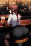  1girl absurdres alcohol ass bar_(place) bar_stool beer beer_mug black_pantyhose black_skirt bottle braid braided_ponytail breasts chainsaw_man closed_mouth commentary counter cup drinking_glass english_commentary formal_clothes from_behind highres indoors long_hair looking_at_viewer looking_back makima_(chainsaw_man) mug niflhiem pantyhose red_hair ringed_eyes shirt sidelocks sitting skirt smile solo stool white_shirt yellow_eyes 