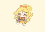  1girl black_vest blonde_hair blush boots bow bowtie brooch chibi closed_mouth clover_earrings collared_vest cure_honey dot_nose dress eyelashes footwear_bow four-leaf_clover_earrings frilled_skirt frilled_vest frilled_wrist_cuffs frills hair_bow hair_ornament happinesscharge_precure! happy heart heart_brooch high_ponytail ichigo_usuhana jewelry knee_boots lapels light_blush long_hair looking_at_viewer magical_girl miniskirt oomori_yuuko orange_bow orange_bowtie outstretched_arms ponytail precure puffy_short_sleeves puffy_sleeves shirt short_sleeves simple_background skirt smile solo standing tareme thighhighs very_long_hair vest waist_bag wavy_hair white_bag white_boots wrist_cuffs yellow_background yellow_eyes yellow_shirt yellow_skirt yellow_wrist_cuffs 