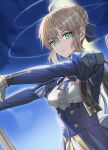  1girl ahoge aqua_eyes armor artoria_pendragon_(fate) back_bow blonde_hair blue_bow blue_bowtie blue_dress blue_sky bow bowtie braid breasts buttons cleavage_cutout closed_mouth clothing_cutout day dress excalibur_(fate/stay_night) fate/stay_night fate/unlimited_blade_works fate_(series) frills gradient_sky hair_between_eyes hair_bow hair_bun hands_up highres holding holding_sword holding_weapon honkai:_star_rail honkai_(series) jaeyun juliet_sleeves long_sleeves looking_at_viewer medium_breasts outdoors puffy_sleeves saber_(fate) saber_(honkai:_star_rail)_(fate) short_hair shoulder_armor sidelocks sky solo sword two-tone_dress upper_body weapon white_bow white_dress 