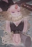  1boy 1girl bare_shoulders black_collar blonde_hair blush breasts cleavage collar commentary dark-skinned_male dark_skin deepthroat fellatio hair_ornament highres long_hair lying multiple_views on_back open_mouth oral penis phoebe_(wuthering_waves) purple_eyes reverse_fellatio tongue tongue_out upside-down wuthering_waves x_hair_ornament xaea_xp 