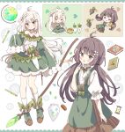  2girls :d :o ;q absurdres ahoge bare_shoulders blush book borrowed_character brown_eyes brown_hair brown_ribbon chibi closed_eyes closed_mouth commentary_request commission dress globe green_dress green_shoes green_skirt hair_ornament hand_up highres holding holding_staff hourglass index_finger_raised long_hair long_sleeves looking_at_viewer multiple_girls neck_ribbon one_eye_closed open_mouth original pencil ribbon shirt shoes short_sleeves skeb_commission skirt sleeves_past_fingers sleeves_past_wrists smile socks staff suspender_skirt suspenders tongue tongue_out tsukiyo_(skymint) white_background white_hair white_shirt white_socks x_hair_ornament 