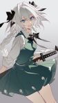  1boy astolfo_(fate) black_bow black_bowtie blue_eyes bow bowtie chinese_commentary cosplay cowboy_shot crossdressing crossdressing_(mtf) fate/apocrypha fate_(series) green_skirt green_vest hair_bow hair_intakes highres holding holding_sword holding_weapon konpaku_youki konpaku_youki_(cosplay) long_hair long_sleeves male_focus miniskirt mixed-language_commentary multiple_hair_bows pleated_skirt sheath shirt skirt solo sword touhou trap very_long_hair vest weapon white_hair white_shirt wuliwuli909 