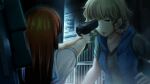  2girls aged_down aiming amane_suzuha amane_suzuha_(beta) blue_sailor_collar blue_vest braid breasts brown_hair child collarbone dim_lighting from_behind game_cg glock green_shirt gun hair_rings handgun highres holding holding_weapon hood hooded_vest hoodie huke indoors long_hair looking_at_another medium_breasts multiple_girls nervous_sweating official_art open_clothes open_hoodie open_mouth open_vest red_hair ringed_eyes sailor_collar school_uniform serafuku shiina_kagari shirt short_sleeves sleeveless sleeveless_hoodie small_breasts standing steins;gate steins;gate_0 sweat t-shirt twin_braids twintails upper_body vest weapon yellow_eyes 