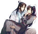 2boys ^^^ ahoge black_boots black_hair black_hanfu blush boots bound bound_wrists brown_eyes brown_hair carrying chinese_clothes closed_mouth couple eye_contact grey_pants hair_between_eyes hair_ribbon hands_up hanfu high_ponytail highres jujeop korean_commentary lan_wangji long_hair long_sleeves looking_at_another male_focus modao_zushi multiple_boys open_mouth pants parted_lips ponytail princess_carry red_ribbon ribbon ribbon_bondage robe sash sidelocks simple_background sitting sweatdrop topknot tunic very_long_hair wei_wuxian white_background white_hanfu white_ribbon wide_sleeves xiao_guan_(headdress) yaoi yaopei yellow_eyes 