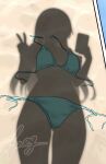  1girl absurdres aqua_bikini bikini cellphone commentary_request cowboy_shot dressed_shadow_(meme) female_pov furaggu_(frag_0416) highres holding holding_phone implied_nudity kantai_collection long_hair meme open_clothes phone pov pov_shadow sand shadow solo suzuya_(kancolle) swimsuit taking_picutre untied_bikini unworn_bikini unworn_bikini_bottom unworn_bikini_top 