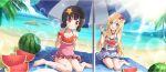  2girls :d :t ahoge bare_arms bare_legs bare_shoulders barefoot beach beach_towel beach_umbrella blonde_hair blue_eyes blue_sky bracelet braid brown_hair casual_one-piece_swimsuit chewing child closed_mouth cloud cloudy_sky covered_navel day eating flower food frilled_one-piece_swimsuit frills fruit game_cg hair_flower hair_ornament hairpin halterneck hibiscus highres holding holding_food holding_spoon horizon iris_(konosuba) jewelry komekko kono_subarashii_sekai_ni_shukufuku_wo! konosuba!_fantastic_days long_hair looking_at_viewer multiple_girls necklace ocean official_alternate_costume official_art on_ground one-piece_swimsuit open_mouth outdoors palm_tree pink_one-piece_swimsuit pink_ribbon red_eyes red_flower ribbon sand shade short_hair short_twintails side_braid sidelocks sitting sky smile sparkle spoon star_(symbol) star_hair_ornament starfish sunlight swimsuit towel tree twintails umbrella wariza water watermelon white_one-piece_swimsuit wrist_cuffs yokozuwari 
