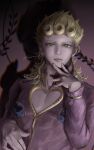  1boy absurdres bishounen blonde_hair cleavage_cutout clothing_cutout commentary_request curly_hair different_shadow giorno_giovanna gold_experience green_eyes hand_on_own_chin heart_cutout high_collar highres jacket jewelry jojo_no_kimyou_na_bouken kyanonpan50 ladybug_ornament long_hair long_sleeves looking_at_viewer male_focus parted_lips pectorals pink_jacket plant signature solo stand_(jojo) teeth upper_body vento_aureo vines wing_ornament 