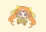  1girl absurdly_long_hair boots bow bowtie brooch capelet chibi circlet closed_mouth cure_muse_(yellow) dot_nose dress earrings eyelashes footwear_bow frilled_capelet frilled_dress frilled_sleeves frills hair_bow hair_ornament heart heart_brooch heart_earrings heart_hair_ornament ichigo_usuhana jewelry knee_boots light_blush long_hair long_sleeves looking_at_viewer magical_girl medium_dress orange_hair outstretched_arms precure puffy_long_sleeves puffy_sleeves red_eyes shirabe_ako simple_background smile solo suite_precure tareme very_long_hair yellow_background yellow_boots yellow_bow yellow_bowtie yellow_capelet yellow_dress yellow_theme 