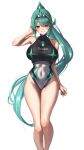  1girl absurdres bare_shoulders black_one-piece_swimsuit breasts character_name covered_navel cowboy_shot earrings green_eyes green_hair hakusai_(hksicabb) high_ponytail highres jewelry large_breasts long_hair one-piece_swimsuit pneuma_(xenoblade) ponytail solo swimsuit very_long_hair white_one-piece_swimsuit xenoblade_chronicles_(series) xenoblade_chronicles_2 