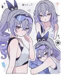  1girl :t bare_shoulders bright_pupils crop_top drill_hair grey_eyes grey_hair hair_down highres honkai:_star_rail honkai_(series) long_hair looking_at_viewer midriff multiple_views omuyan parted_lips ponytail silver_wolf_(honkai:_star_rail) translation_request upper_body white_pupils 