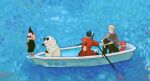  anya_(spy_x_family) backless_outfit black_hair black_pants blonde_hair blush boat bond_(spy_x_family) brown_sweater child dress family great_pyrenees hairband hairpods higemu highres holding holding_oar meme oar on_boat outdoors pants pink_hair red_sweater rowboat rowing spy_x_family sunglasses sweat sweater sweater_dress twilight_(spy_x_family) water watercraft white_dog white_hairband yor_briar 