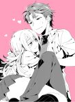  1boy 1girl ahoge black_socks blush chuo_tanegashima_high_school_uniform collared_shirt couple dress_shirt hair_between_eyes heart hetero hug ikuhashi_muiko kneehighs koujiro_frau long_hair looking_at_another lying_on_another miniskirt monochrome nervous_smile nervous_sweating open_clothes open_shirt panties pants panty_peek pink_background pleated_skirt robotics;notes school_uniform shirt shirt_under_shirt short_hair short_sleeves sidelocks simple_background sitting skirt smile smug socks sweat t-shirt thick_thighs thighs underwear yashio_kaito 