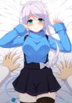  1girl admiral_(kancolle) black_skirt black_thighhighs blue_eyes blue_sweater blush braid breasts hair_flaps hair_tie highres imminent_penetration kantai_collection long_hair long_sleeves lying medium_breasts mole mole_under_eye official_alternate_costume ootori_(kyoya-ohtori) ribbed_skirt single_braid skirt solo suspender_skirt suspenders sweater thighhighs turtleneck turtleneck_sweater twitter_username umikaze_(kancolle) umikaze_(mitsukoshi)_(kancolle) very_long_hair 