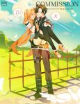  1boy 1girl ahoge artist_logo bike_shorts black_thighhighs bluemishelam blush boots carrying commission curtained_hair double-parted_bangs eiyuu_densetsu embarrassed english_commentary english_text estelle_bright floating_hair full_body grasslands hair_between_eyes hair_intakes hajimari_no_kiseki highres jacket joshua_bright logo long_hair open_mouth outdoors pants parted_bangs princess_carry red_eyes shoes short_hair shorts smile sneakers speech_bubble thighhighs twintails 