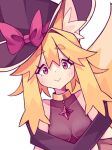  1girl :&gt; animal_ear_fluff animal_ears blonde_hair bodystocking bow breasts double-parted_bangs english_commentary fox_ears fox_girl fox_tail hair_between_eyes hat hat_bow hat_over_one_ear highres kazumiskill light_blush long_hair looking_at_viewer original pink_bow pink_eyes sidelocks simple_background smile solo star-shaped_pupils star_(symbol) star_in_eye symbol-shaped_pupils symbol_in_eye tail thick_eyebrows upper_body white_background witch_hat 