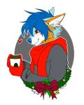  &lt;3 anthro arctic_wolf beverage black_clothing black_jacket black_topwear blue_hair candy canid canine canis chocolate christmas_decorations clothing dessert falcon_woodwere food fur gloves hair handwear hi_res hot_chocolate jacket male mammal multicolored_body multicolored_fur red_eyes red_scarf scarf smile solo topwear unknown_artist wolf 