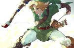  1boy arms_up arrow_(projectile) belt belt_buckle blonde_hair blue_eyes boots bow_(weapon) brown_belt brown_boots brown_gloves buckle chest_belt collared_shirt dynamic_pose fingerless_gloves gloves green_hat green_tunic hat highres holding holding_arrow holding_bow_(weapon) holding_weapon layered_sleeves link long_pointy_ears long_sleeves looking_ahead male_focus nanananana0706 open_collar pants parted_hair parted_lips pointy_ears quiver shirt short_over_long_sleeves short_sleeves solo the_legend_of_zelda the_legend_of_zelda:_ocarina_of_time thighs tunic weapon white_pants white_shirt 