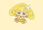  1girl bag_bow blonde_hair boots bow bowtie brooch chibi closed_mouth coattails cure_peace curly_hair dot_nose earrings eyelashes footwear_bow frilled_skirt frilled_sleeves frills hair_ornament happy high_ponytail ichigo_usuhana jewelry kise_yayoi knee_boots light_blush long_hair looking_at_viewer magical_girl mini_tiara miniskirt orange_bow orange_wrist_cuffs outstretched_arms pink_bow pleated_skirt ponytail precure shirt short_sleeves simple_background single_stripe skirt skirt_set smile smile_precure! solo striped_bow tareme tiara waist_bag white_arm_warmers white_bag white_boots white_sleeves wing_earrings wing_hair_ornament wrist_cuffs yellow_background yellow_bow yellow_bowtie yellow_eyes yellow_shirt yellow_skirt yellow_theme 