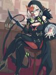  1girl bare_shoulders black_dress breasts cleavage crossed_legs dagger diabellstar_the_black_witch dress duel_monster green_hair grey_hair half_mask highres holding holding_dagger holding_knife holding_weapon hood hood_up knife large_breasts mask medium_hair multicolored_hair pantyhose red_hair red_mask red_pantyhose shakepuri_purin sitting solo streaked_hair weapon yu-gi-oh! 
