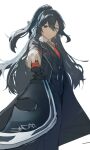  1boy absurdres black_eyes black_hair black_vest blue_eyes collared_shirt cowboy_shot double-parted_bangs expressionless hair_between_eyes hair_flowing_over halberd heterochromia high_ponytail highres holding holding_polearm holding_weapon hong_lu_(project_moon) lcb_uniform_(project_moon) limbus_company long_hair looking_at_viewer necktie pointing pointing_at_viewer polearm ponytail pov project_moon red_necktie shirt simple_background solo very_long_hair vest weapon white_background white_shirt xnol_xaxl 