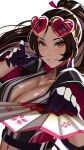  absurdres black_gloves blush breasts brown_eyes brown_hair cherry_blossom_print cleavage crop_top eyewear_on_head fatal_fury fatal_fury:_city_of_the_wolves floral_print gloves hand_fan heart heart-shaped_eyewear high_ponytail highres holding holding_fan jacket large_breasts leather leather_jacket long_sleeves looking_at_viewer pointing pointing_at_viewer ponytail shiranui_mai smile zer0z_vi zipper 