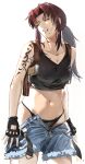  1girl absurdres annoyed black_lagoon black_panties brown_hair cigarette collarbone cowboy_shot crop_top denim denim_shorts fingerless_gloves gloves gun highres holster long_hair looking_to_the_side navel out_of_frame panties parted_bangs ponytail rebel_i revy_(black_lagoon) shorts shoulder_holster shoulder_tattoo sidelocks simple_background smoking solo tattoo teeth unbuttoned underwear undressing unzipped upper_body weapon white_background yellow_eyes 