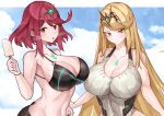  1girl absurdres adjusting_buruma adjusting_clothes adjusting_swimsuit bikini black_bikini blonde_hair blush breasts buruma chest_jewel cleavage competition_swimsuit food highleg highres jewelry large_breasts long_hair looking_at_viewer mythra_(xenoblade) navel one-piece_swimsuit open_mouth popsicle pyra_(xenoblade) red_eyes red_hair short_hair solo steam sweat swept_bangs swimsuit tiara very_long_hair xenoblade_chronicles_(series) xenoblade_chronicles_2 yellow_eyes yotsuha_uni 