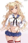  1girl absurdres black_neckerchief black_panties blonde_hair blue_skirt blush breasts cosplay crop_top elbow_gloves gloves grey_eyes hair_between_eyes hair_ornament hairclip highleg highleg_panties highres kantai_collection large_breasts long_hair looking_at_viewer microskirt minneapolis_(kancolle) mizuki_(uzuki_no_sato) navel neckerchief panties pleated_skirt sailor_collar shimakaze_(kancolle) shimakaze_(kancolle)_(cosplay) shirt skindentation skirt smile solo stomach striped_clothes striped_thighhighs thighhighs twitter_username two_side_up underwear wavy_hair white_background white_gloves 