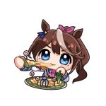  &gt;:) 1girl animal_ears ascot blush_stickers brown_hair cheese cheese_trail closed_mouth commentary_request cropped_torso food hair_ribbon holding holding_food horse_ears jacket long_hair long_sleeves moko39_takasora mole mole_under_eye multicolored_hair pink_ascot pink_ribbon pizza pizza_slice plate ponytail ribbon simple_background smile solo streaked_hair tokai_teio_(umamusume) umamusume upper_body v-shaped_eyebrows white_background white_jacket 