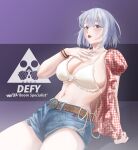 1girl absurdres belt blue_shorts bra breasts cleavage cosplay denim denim_shorts elloinoire gingham_shirt girls&#039;_frontline highres jewelry kwon_eun-bi kwon_eun-bi_(cosplay) large_breasts looking_at_viewer navel open_clothes open_mouth open_shirt purple_eyes real_life red_shirt rpk-16_(girls&#039;_frontline) shirt short_hair shorts solo swimsuit underwear white_bra 