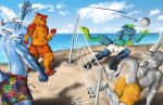 2025 absurd_res anthro ball beach beach_background beach_ball bear blue_body blue_eyes blue_fur catching claws clothing cloud day dragon fish fluffy fur furred_dragon furred_scalie galma galma_(character) green_body green_fur grey_body group hi_res horn inflatable koda_(oga) lempi light male mammal marine mythological_creature mythological_scalie mythology net open_mouth orange_body orange_fur outside playing red_body red_fur sand scalie sea seaside shark shore shoreline signature sky skyscape sport summer sunlight swimming_trunks swimwear tail teamwork teeth teeth_showing text url volleyball volleyball_net water white_body
