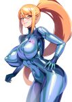  1girl blonde_hair blue_bodysuit blue_eyes blush bodysuit breasts covered_navel covered_nipples highres large_breasts latex latex_bodysuit long_hair looking_at_viewer metroid mole mole_under_mouth ponytail samus_aran solo thighs volyz zero_suit 